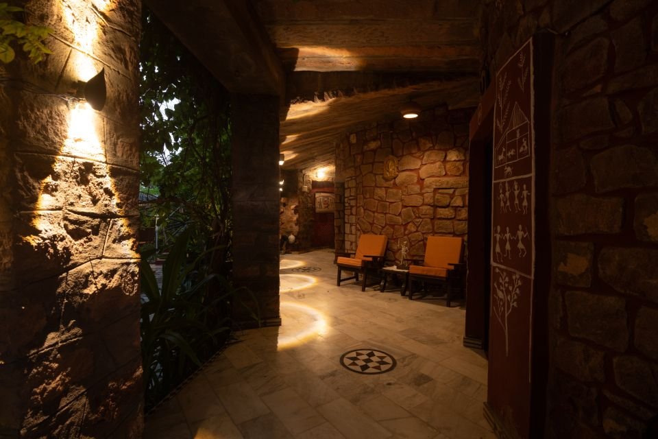 Lantern-lit stone walkway in the evening Lantern-lit stone walkway to the Garden Rooms in the evening at The Mandore, Jodhpur